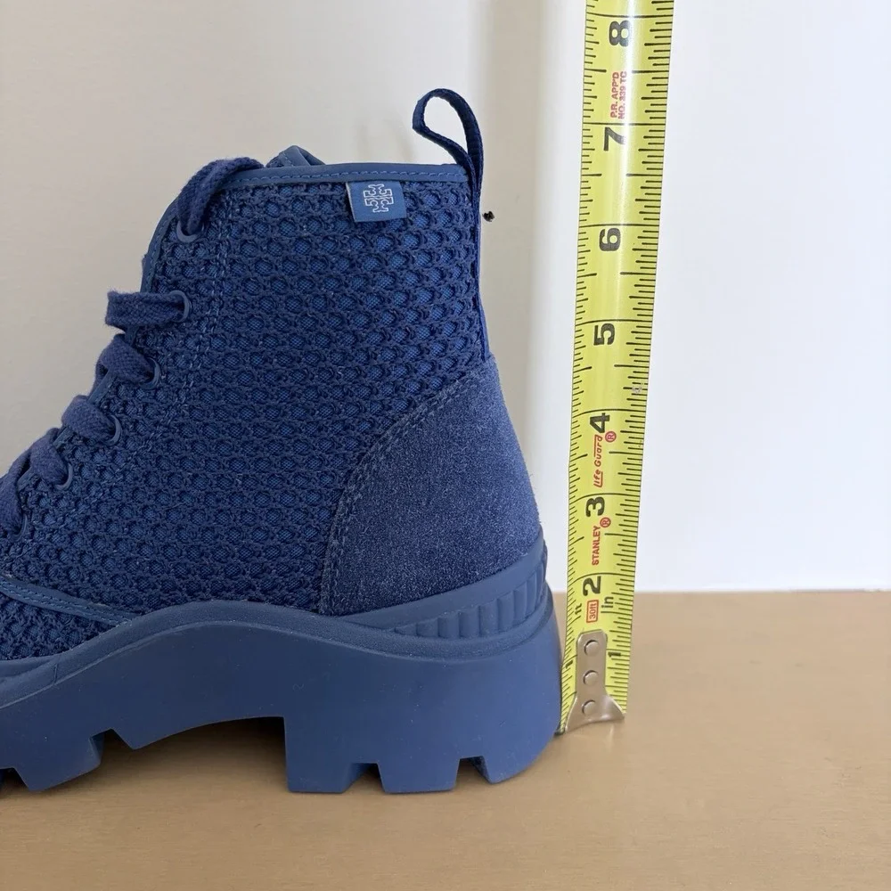 Tory Burch Camp‎ Sneaker Boot Blue Suede Canvas Lace Up Boots Size 6.5 Luxury